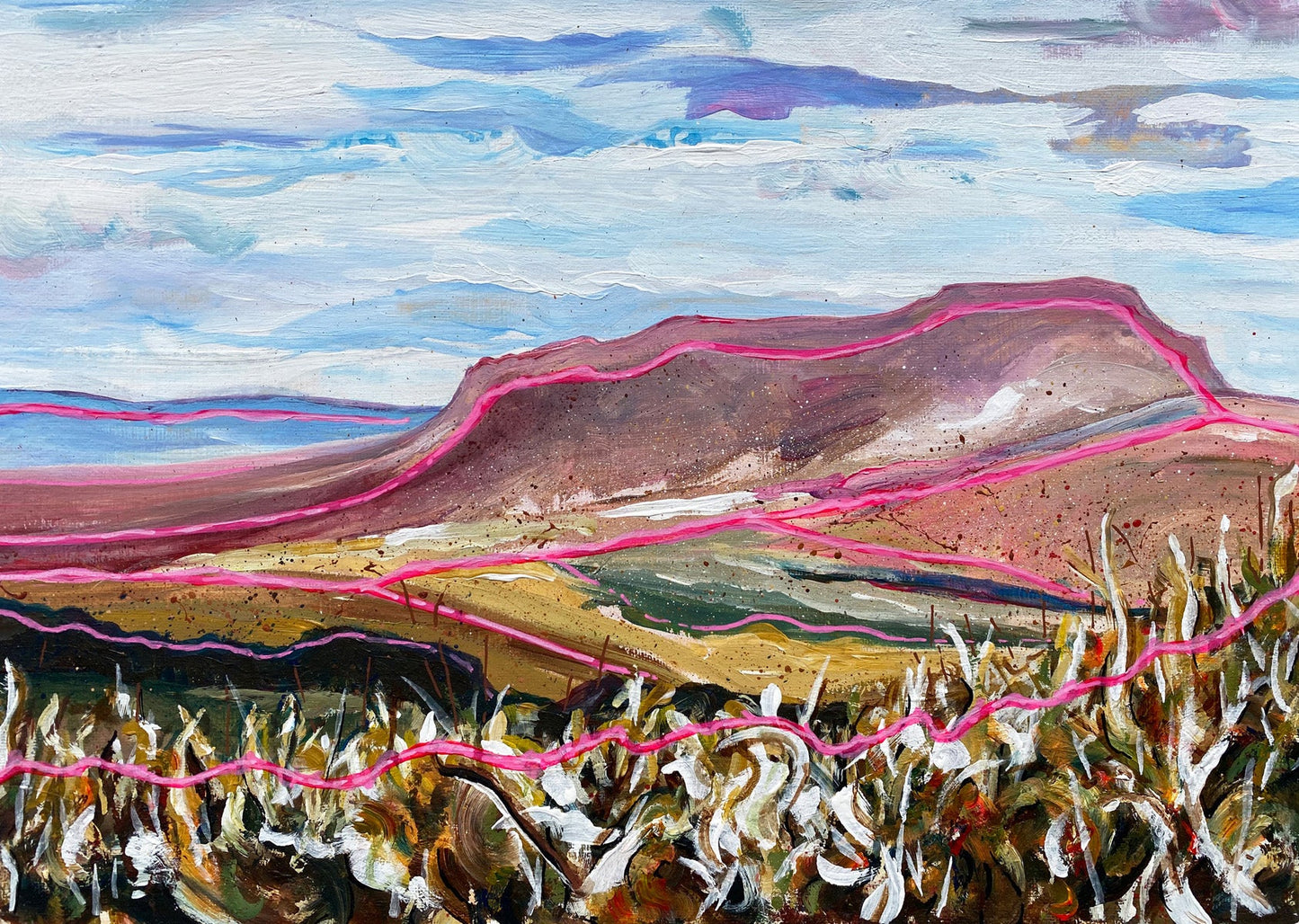 “Pen-y-ghent” original landscape painting by Rebecca Carr, showing a cold spring day in the Yorkshire Dales with vivid earth tones, pale grey sky, wind-blown grasses, and expressive pink lines accentuating the landforms.