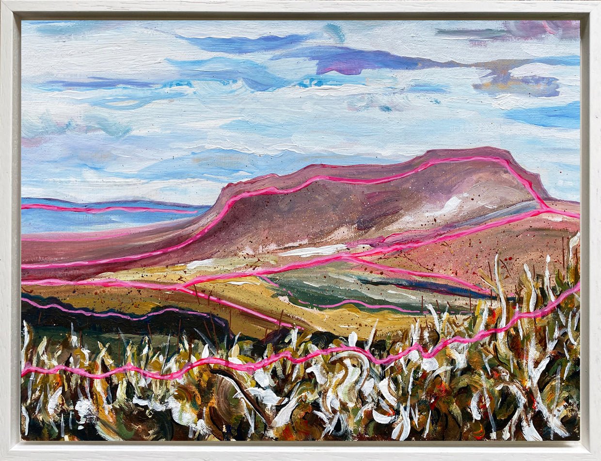 “Pen-y-ghent” original landscape painting by Rebecca Carr, showing a cold spring day in the Yorkshire Dales with vivid earth tones, pale grey sky, wind-blown grasses, and expressive pink lines accentuating the landforms.