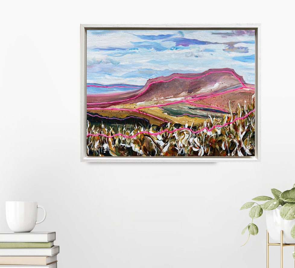“Pen-y-ghent” original landscape painting by Rebecca Carr, showing a cold spring day in the Yorkshire Dales with vivid earth tones, pale grey sky, wind-blown grasses, and expressive pink lines accentuating the landforms.