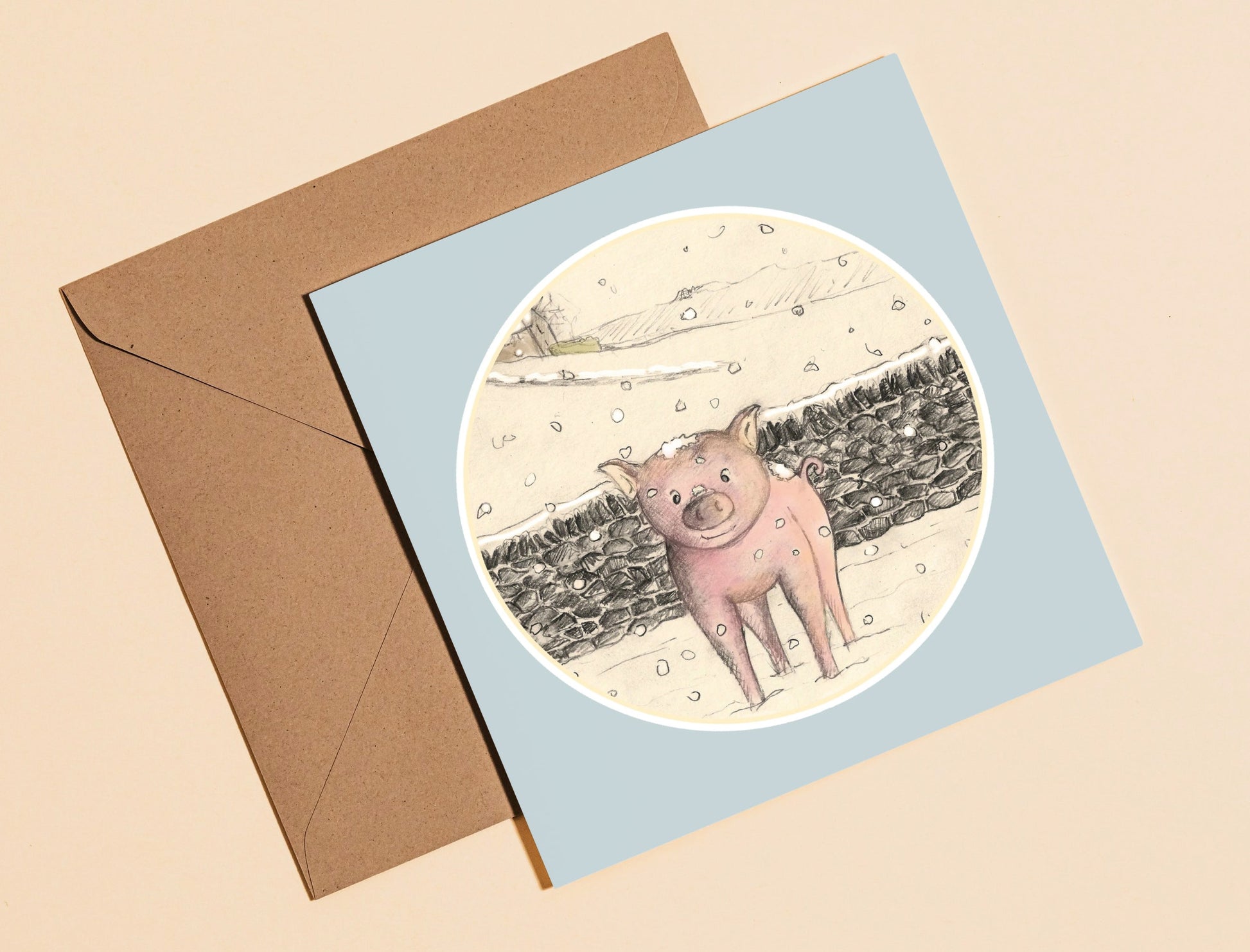 Pig in snow card - Rebecca Carr Artist greetings card just a card yorkshire artist