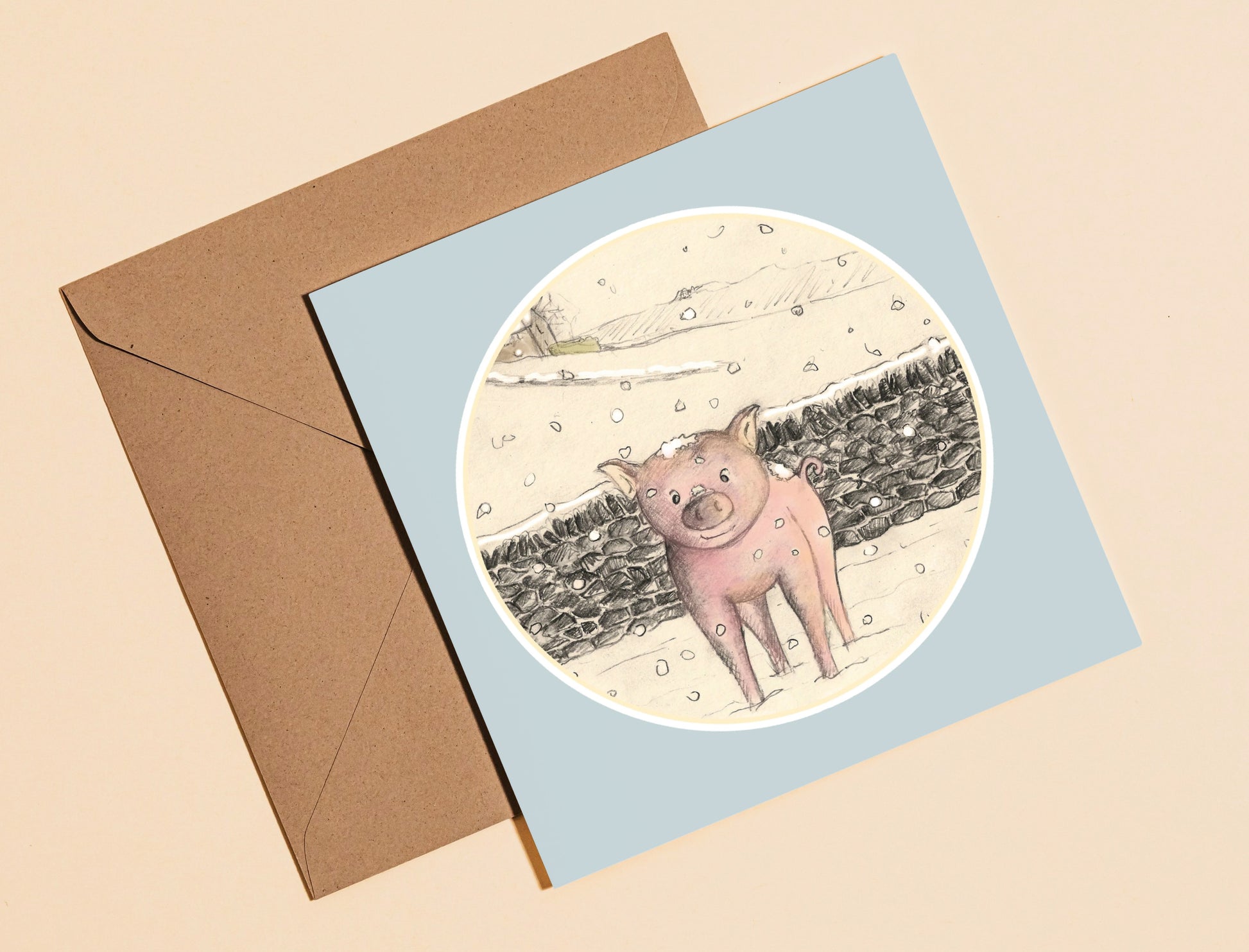 Pig in snow card - Rebecca Carr Artist