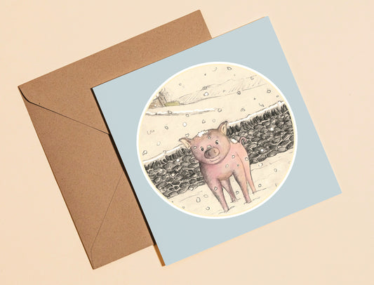 Pig in snow card - Rebecca Carr Artist