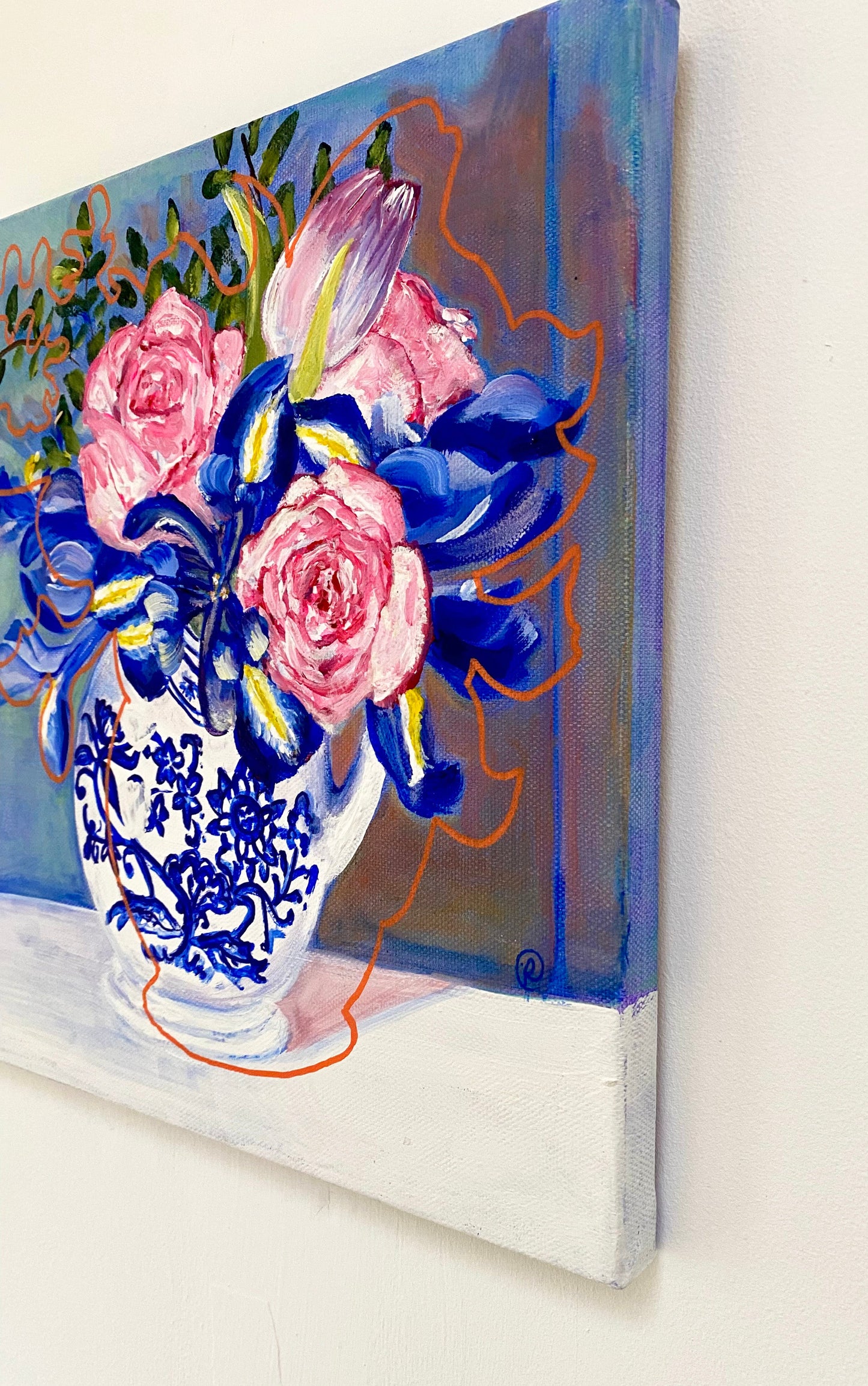 Pink roses, irises and blue - Rebecca Carr Artist