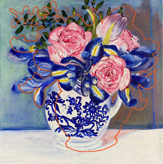 Pink roses, irises and blue - Rebecca Carr Artist