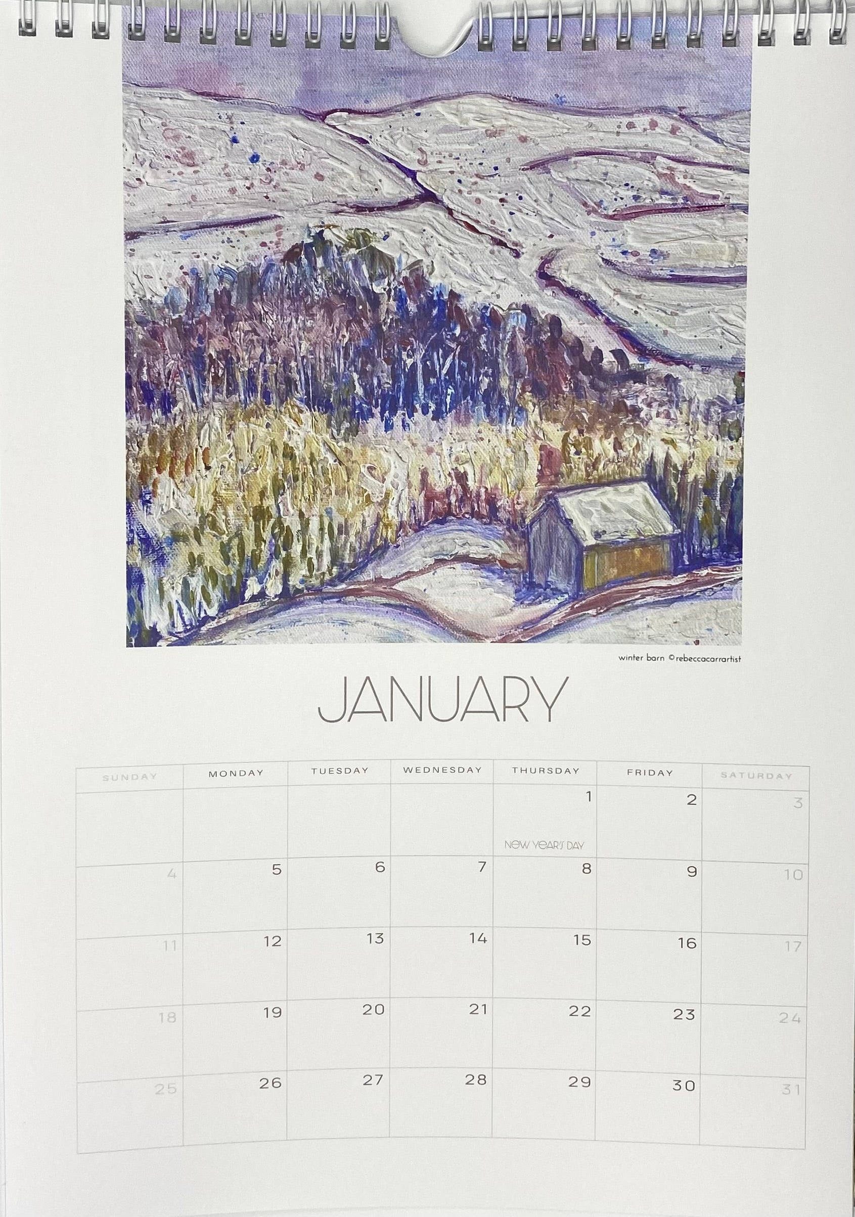 rebecca carr uk Calendar with a landscape illustration for January on a white background