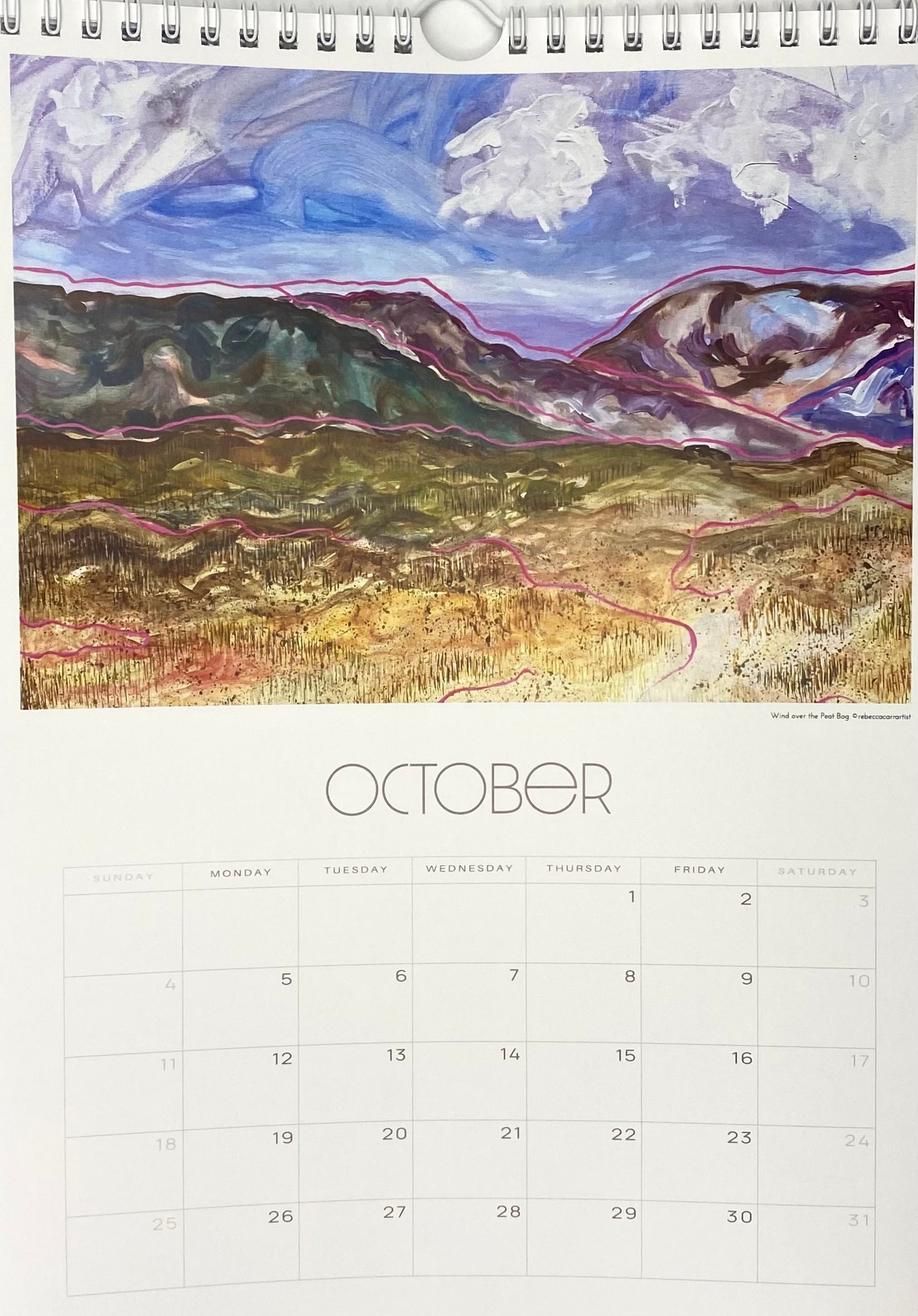 Calendar page for October with a landscape painting of mountains and sky. rebecca carr artist 2026