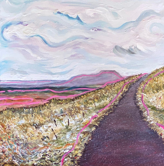 Contemporary landscape painting of Cam High Roman Road near Hawes with magenta, ochre tones and textured brushwork.