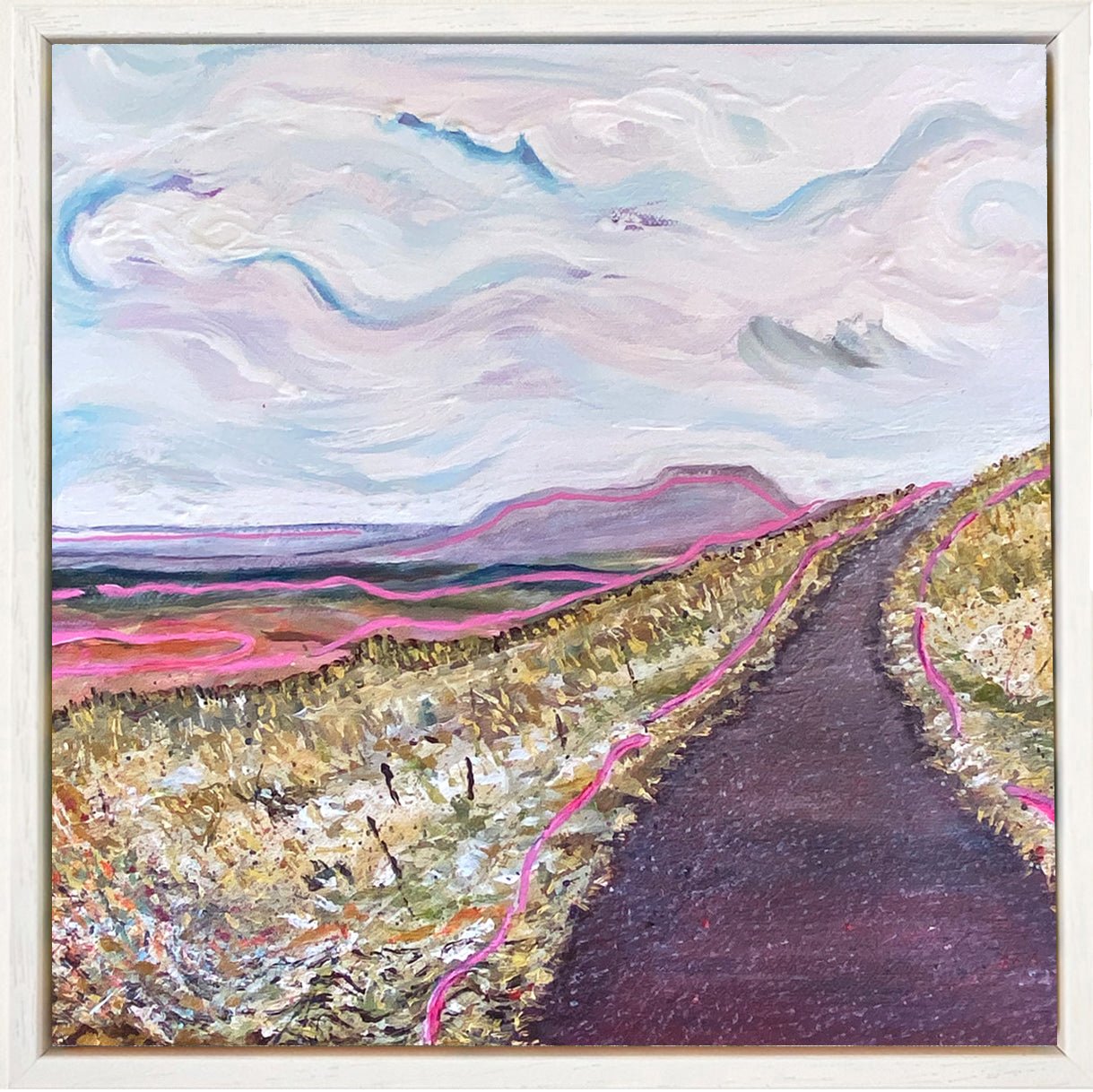 Expressive painting of Roman Road in Yorkshire Dales with Pen-y-ghent, flowing lines, and layered grasses in magenta and ochre.