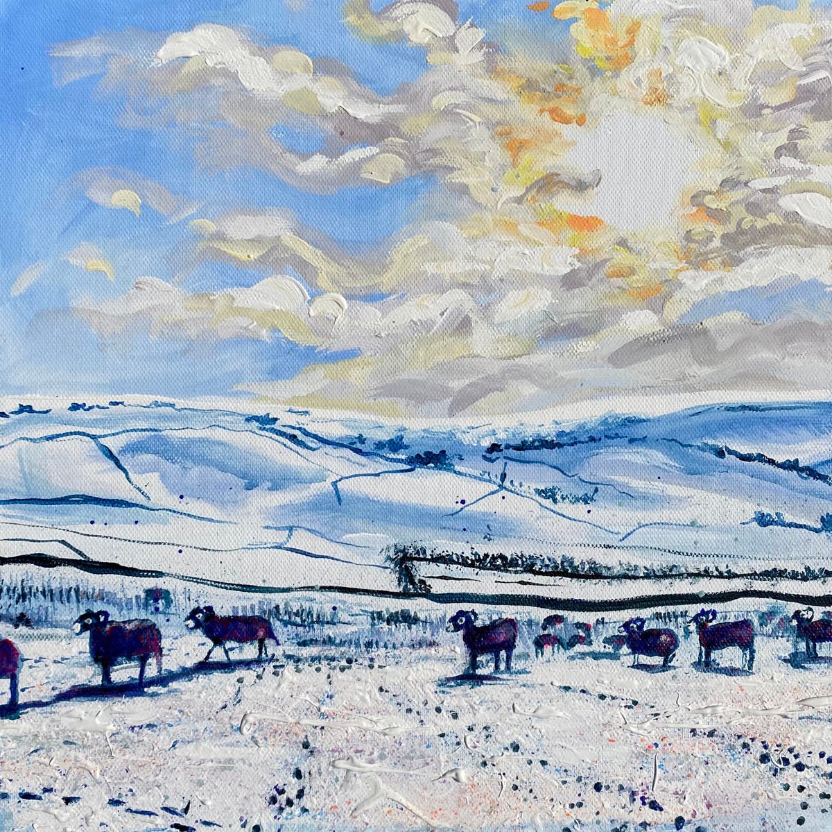 Original winter landscape painting of sheep walking across a snowy field under bright sunlight, with crisp snow textures, blue tones, and splashes of colour; mixed media on canvas, 30 x 30 cm, framed