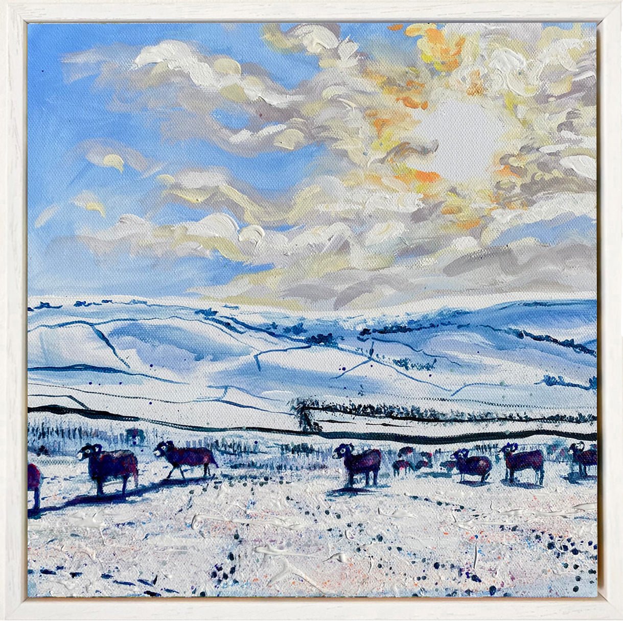 Original winter landscape painting of sheep walking across a snowy field under bright sunlight, with crisp snow textures, blue tones, and splashes of colour; mixed media on canvas, 30 x 30 cm, framed