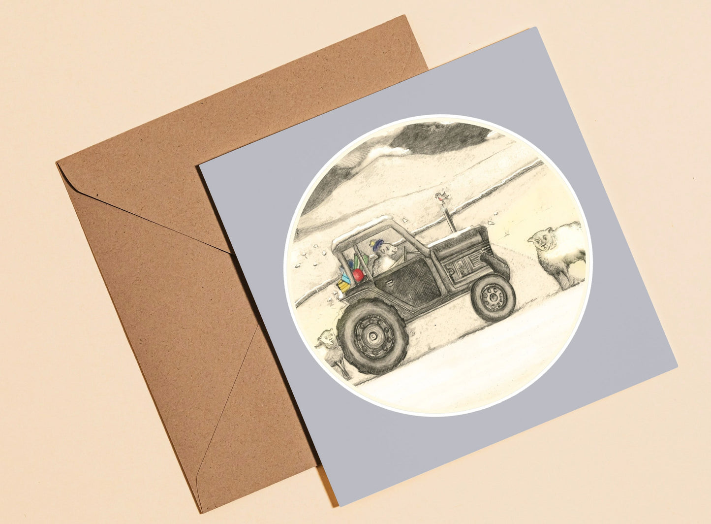Sheep tractor Christmas card - Rebecca Carr Artist