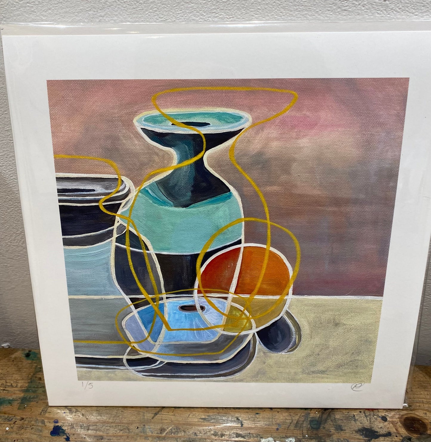Signed limited edition of 5 still life with studio pottery and orange - Rebecca Carr Artist