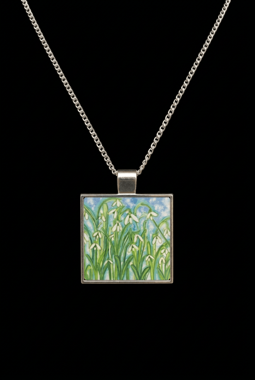 Snowdrop square pendant on silver chain