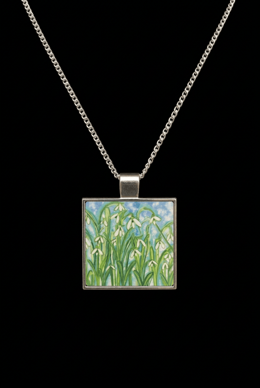 Snowdrop square pendant on silver chain