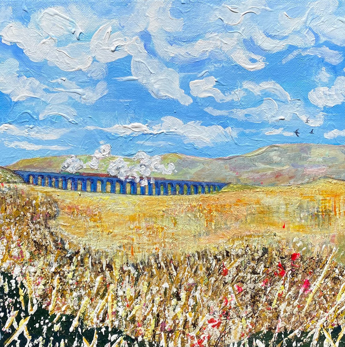 Expressive painting of Ribblehead Viaduct with train, smoke in textured sky, and yellow grasses on 30 x 30 cm framed canvas