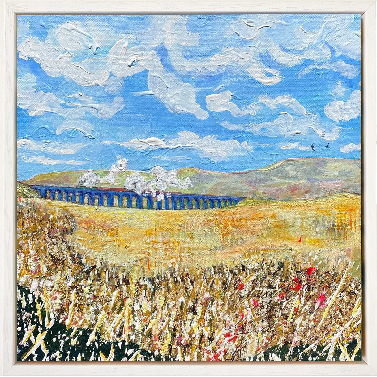 Expressive painting of Ribblehead Viaduct with train, smoke in textured sky, and yellow grasses on 30 x 30 cm framed canvas
