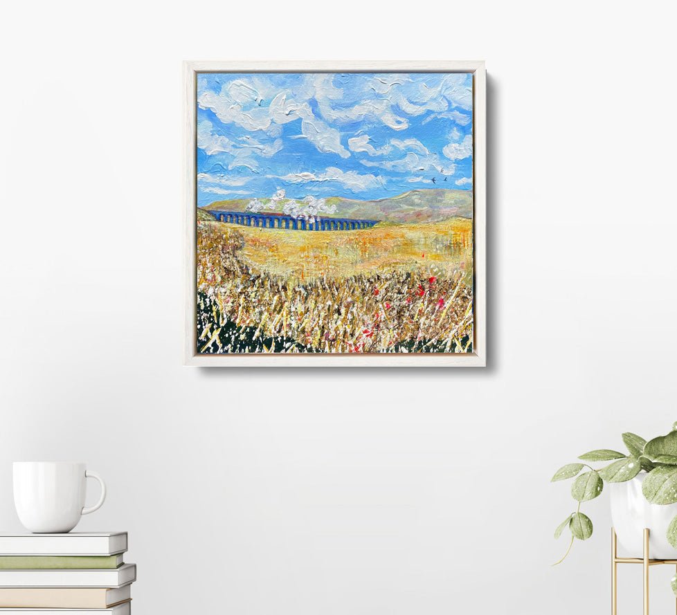 Expressive painting of Ribblehead Viaduct with train, smoke in textured sky, and yellow grasses on 30 x 30 cm framed canvas