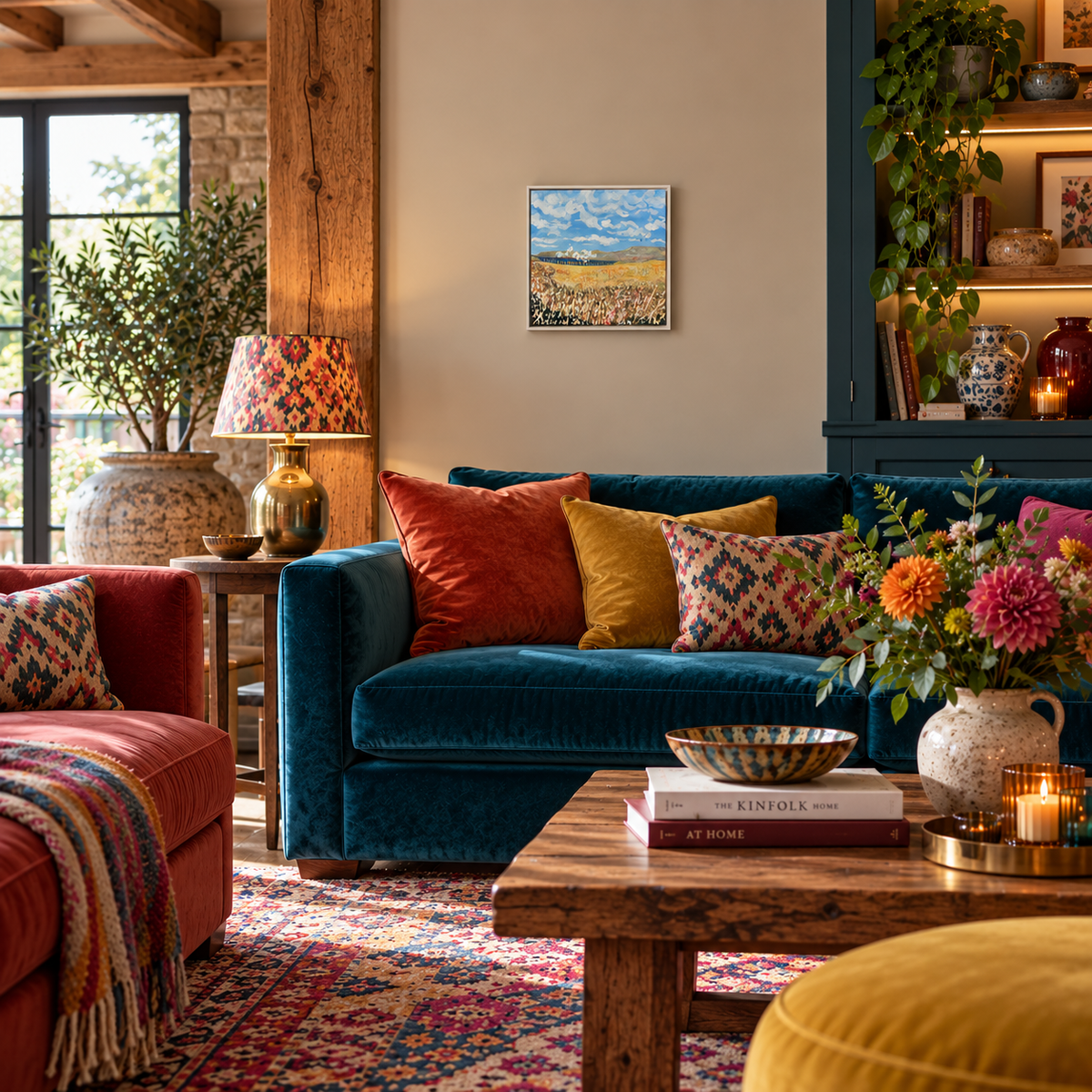 A cozy, rustic living room featuring a teal velvet sofa adorned with rust, mustard, and floral patterned throw pillows, set against a warm beige wall with a small landscape painting. A rustic wooden coffee table with candles and a vase of flowers sits in the foreground, and a red armchair is partially visible on the left.