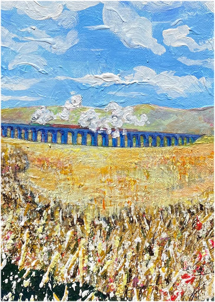 Expressive painting of Ribblehead Viaduct with train, smoke in textured sky, and yellow grasses on 30 x 30 cm framed canvas