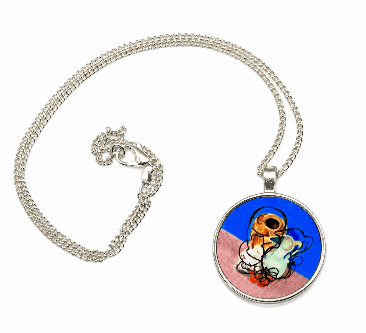 Still life blue with pottery and kumquat pendant necklace and silver chain - Rebecca Carr ArtistJewelleyRebecca Carr ArtistStill life blue with pottery and kumquat pendant necklace and silver chain