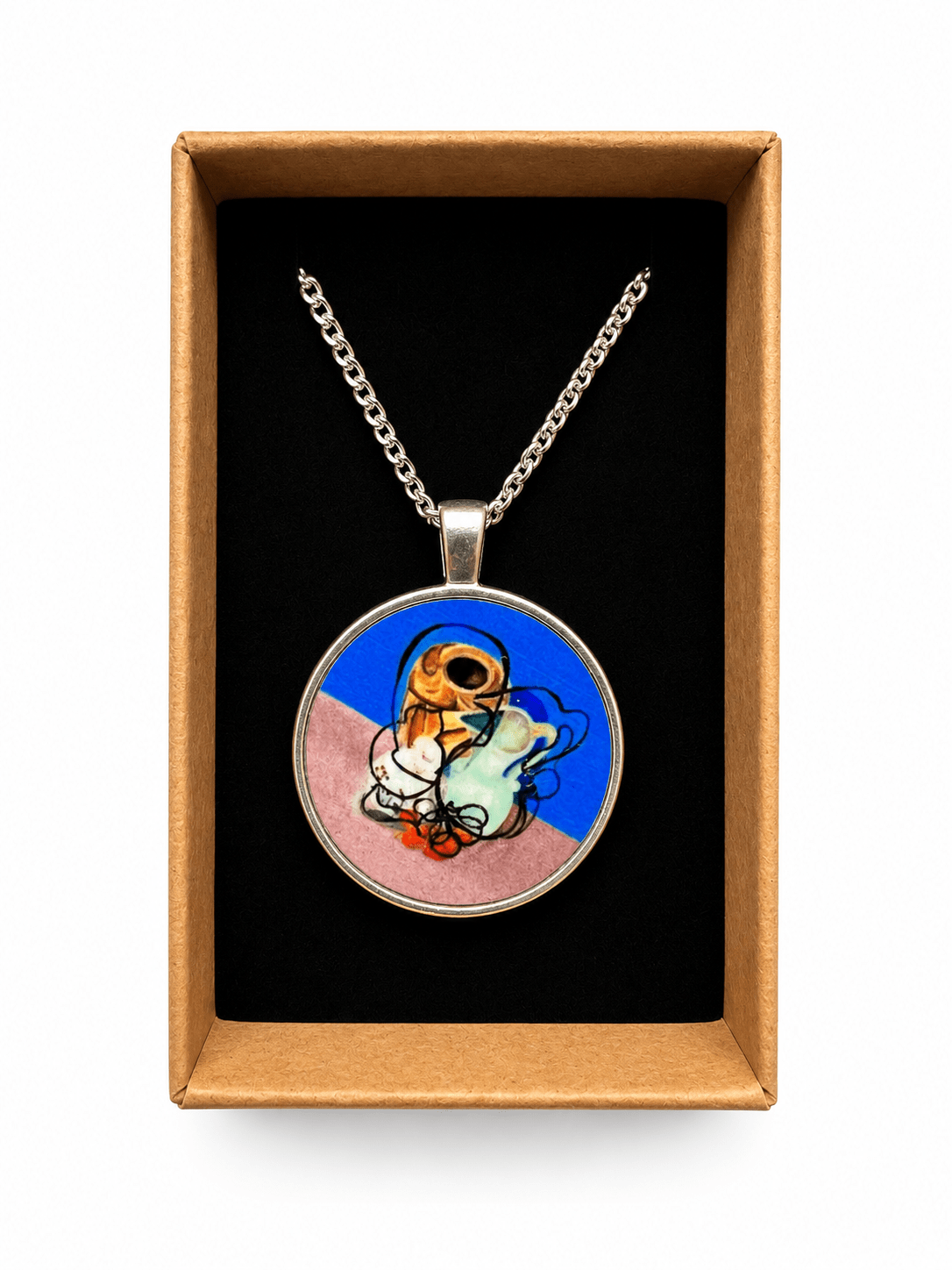 Still life blue with pottery and kumquat pendant necklace and silver chain - Rebecca Carr ArtistJewelleyRebecca Carr ArtistStill life blue with pottery and kumquat pendant necklace and silver chain