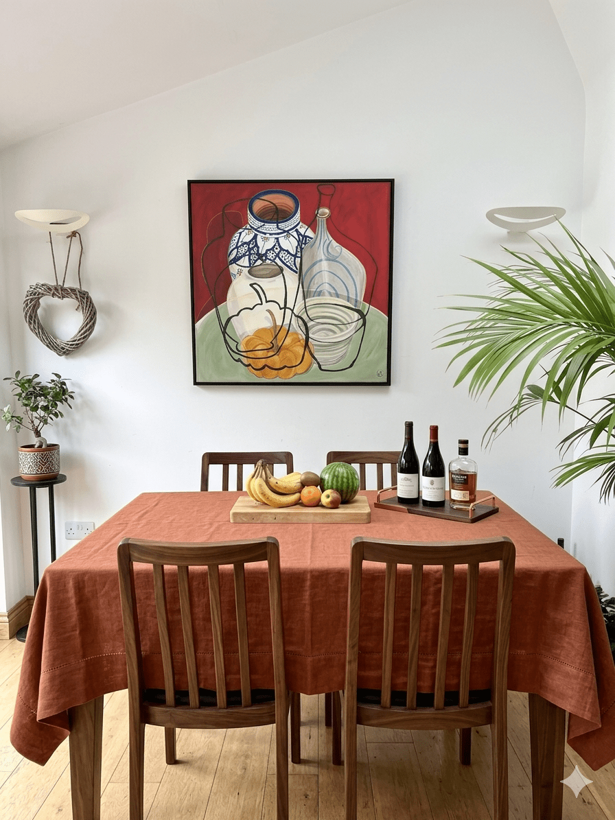 Dining room with a table set for a meal, featuring a painting on the wall.