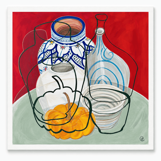60x60cm limited edition print of gourd and pottery red yellow lines and swirls
