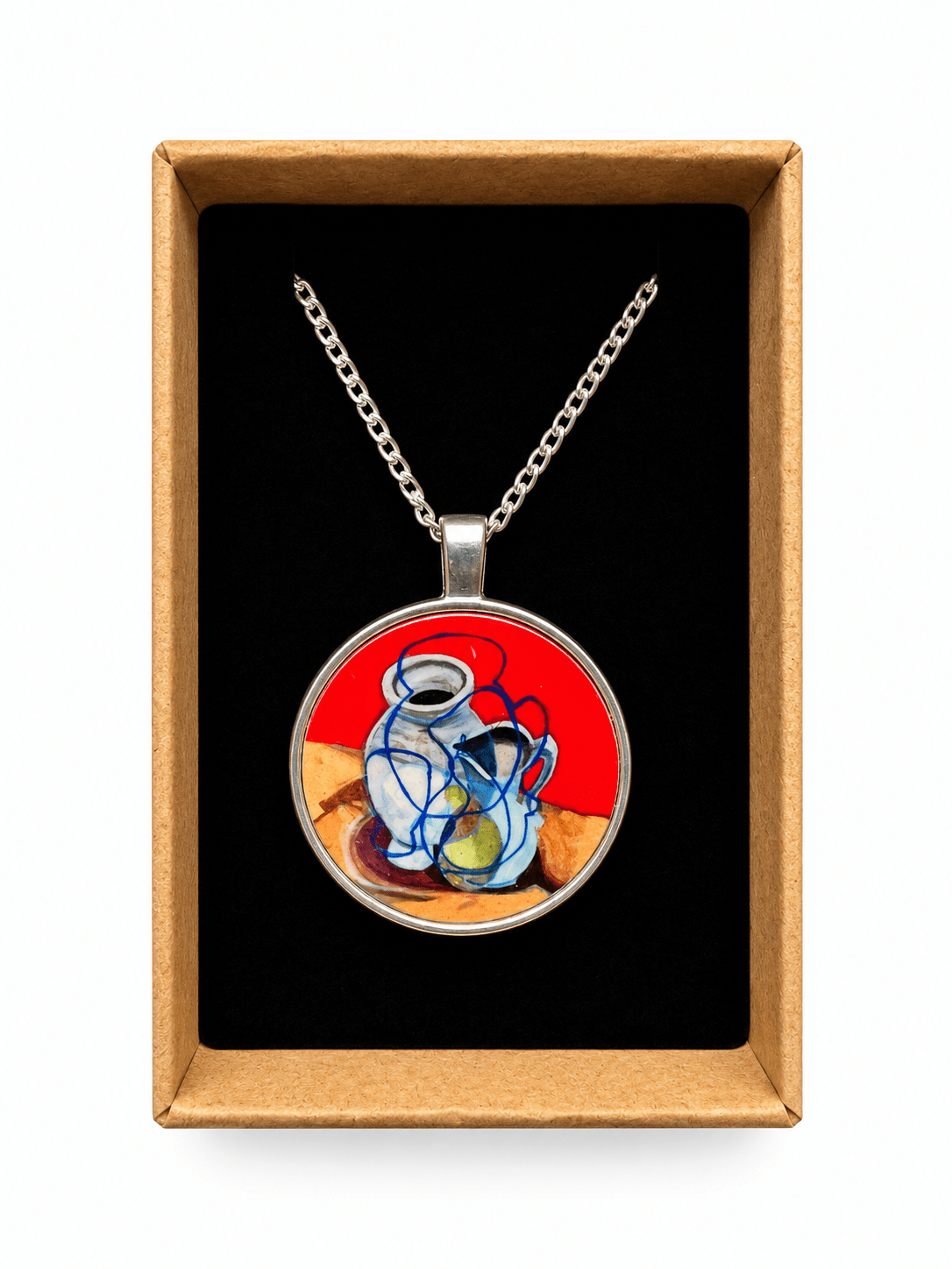 Still life red with pottery and pear pendant necklace and silver chain - Rebecca Carr ArtistJewelleyRebecca Carr ArtistStill life red with pottery and pear pendant necklace and silver chain