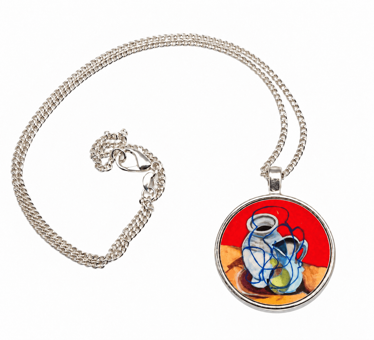 Still life red with pottery and pear pendant necklace and silver chain - Rebecca Carr ArtistJewelleyRebecca Carr ArtistStill life red with pottery and pear pendant necklace and silver chain