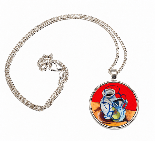 Still life red with pottery and pear pendant necklace and silver chain - Rebecca Carr ArtistJewelleyRebecca Carr ArtistStill life red with pottery and pear pendant necklace and silver chain