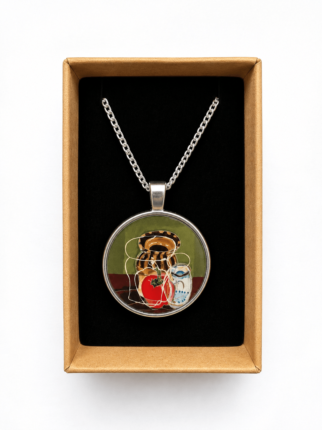 Still life with pottery and pepper pendant necklace and silver chain - Rebecca Carr ArtistJewelleyRebecca Carr ArtistStill life with pottery and pepper pendant necklace and silver chain