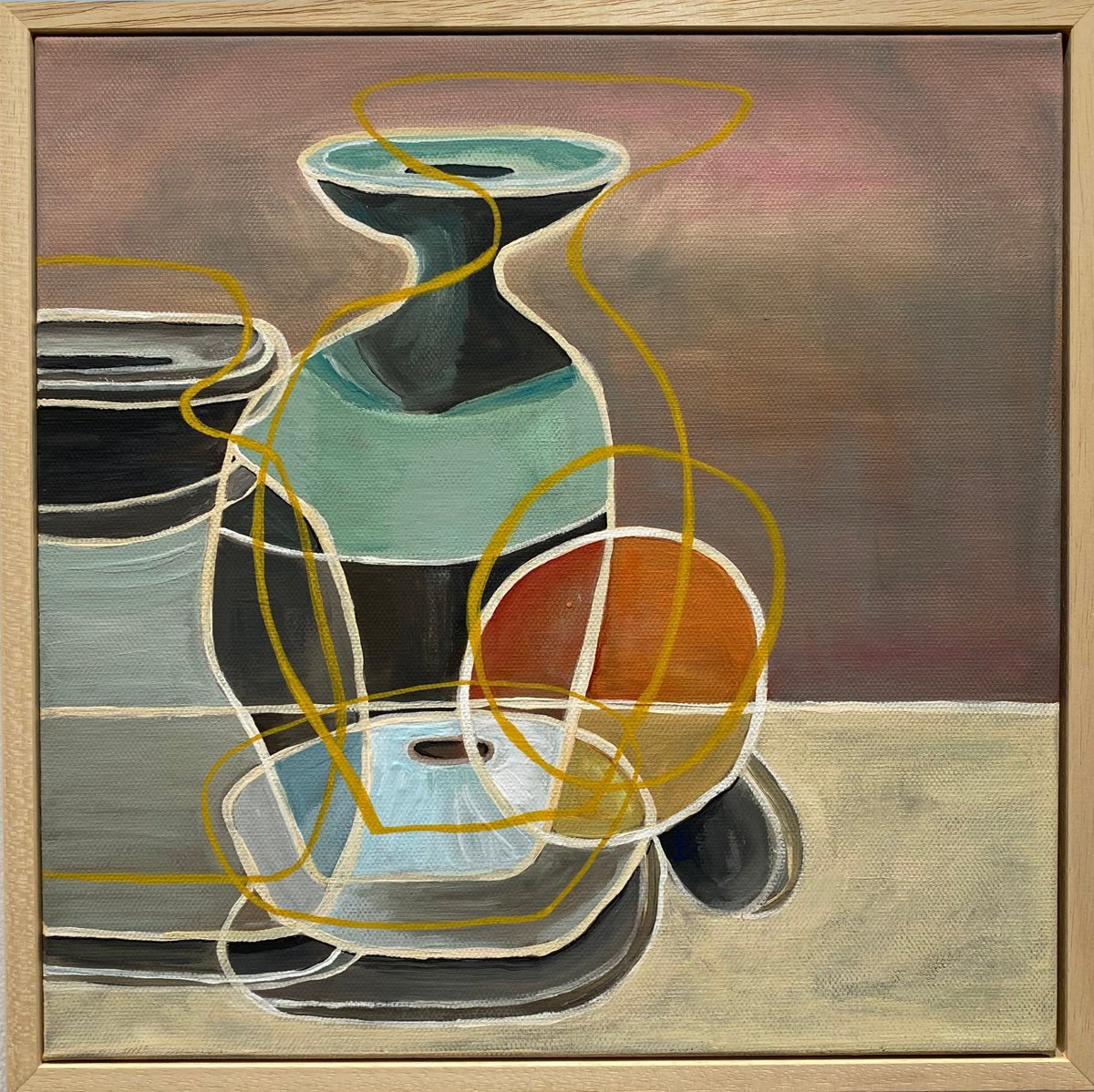 Still life with studio pottery and orange original painting - Rebecca Carr Artist