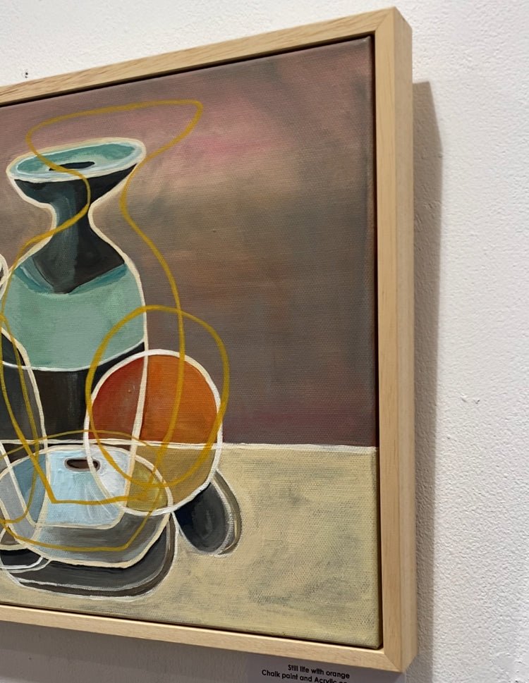 Still life with studio pottery and orange original painting - Rebecca Carr Artist