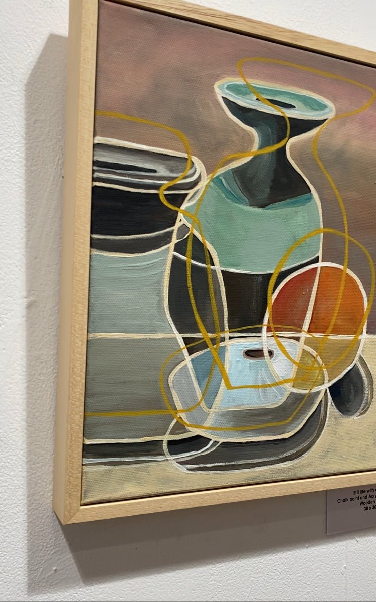 Still life with studio pottery and orange original painting - Rebecca Carr Artist