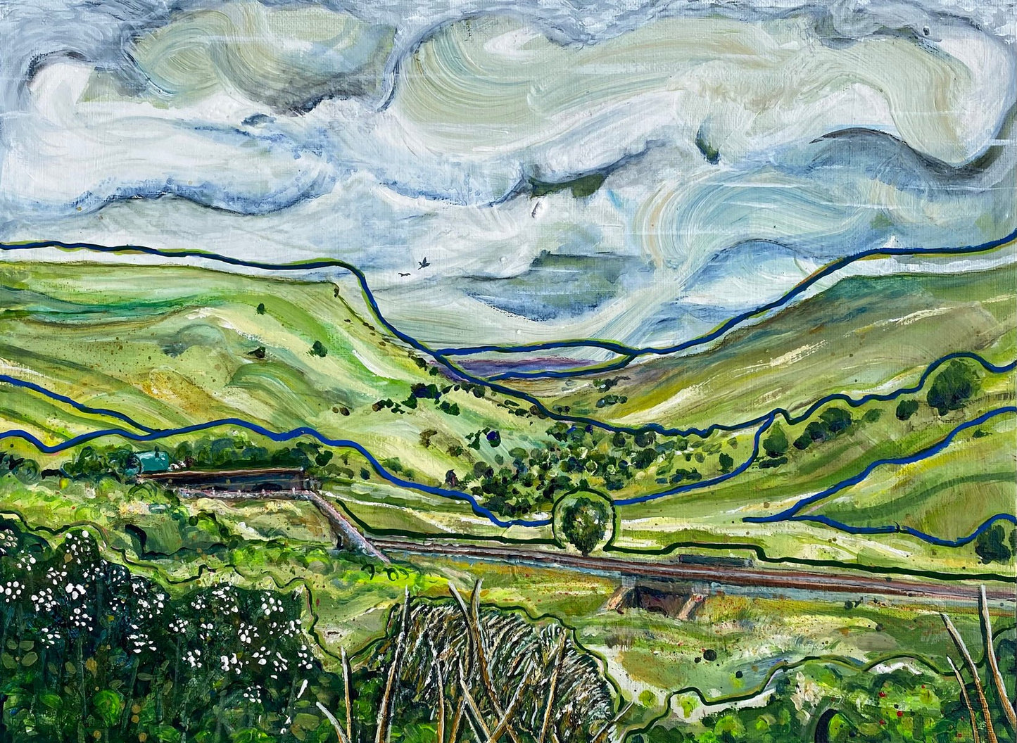 Framed original painting "On the Way to Appleby" showing Upper Eden Valley Valley landscape with river Eden, sweeping clouds, green hills, railway track, birds in the sky, and a subtle horse and cart.