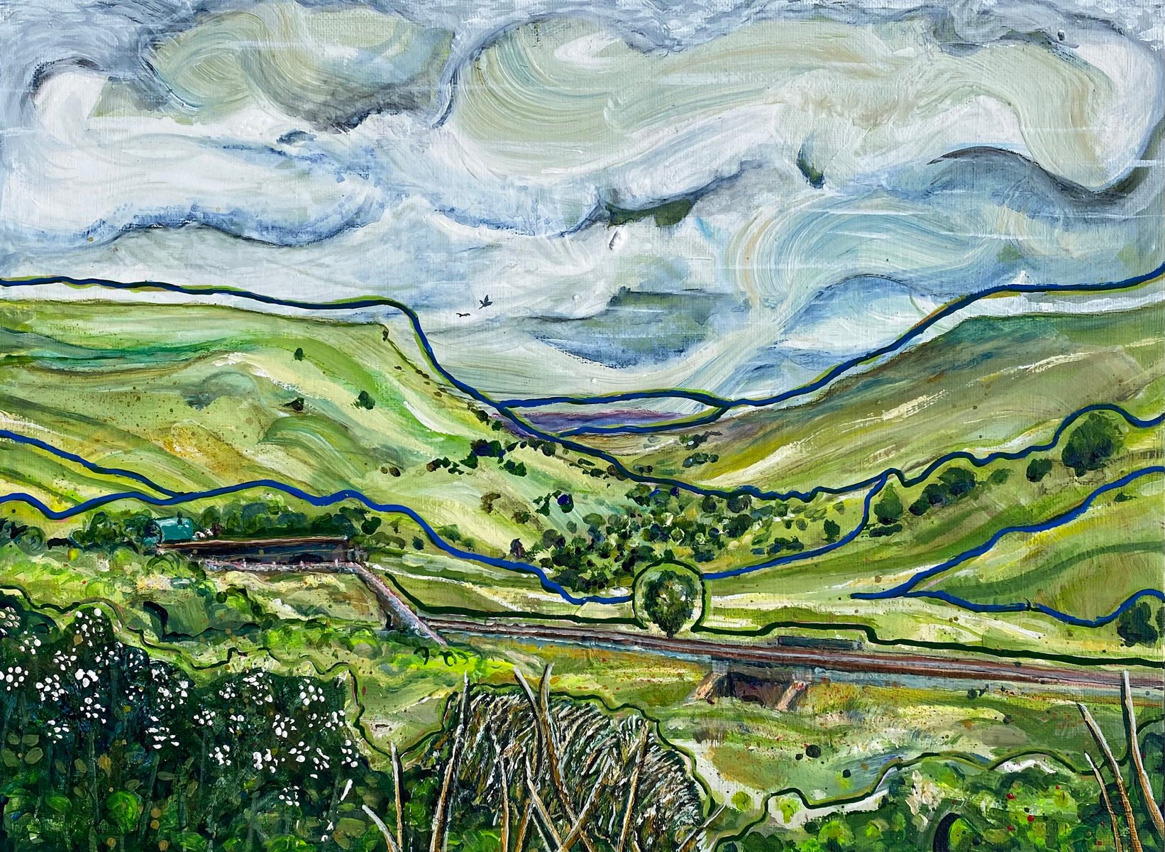 Framed original painting "On the Way to Appleby" showing Upper Eden Valley Valley landscape with river Eden, sweeping clouds, green hills, railway track, birds in the sky, and a subtle horse and cart.