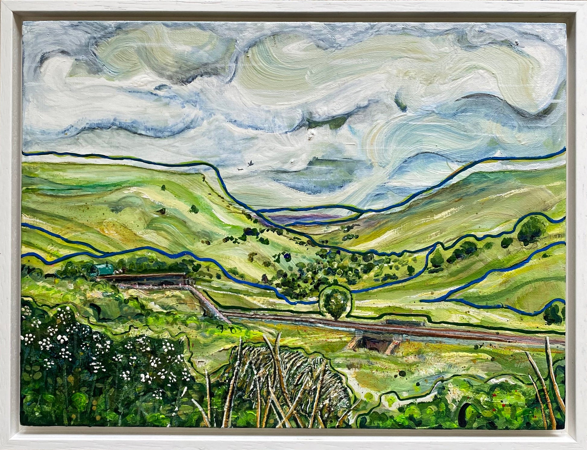 Close-up detail of "On the Way to Appleby" painting featuring a subtle horse and cart hidden in the green landscape beneath dramatic clouds.