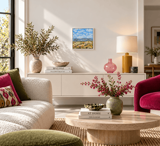 A styled interior living room scene with a small colorful landscape painting hanging on a white wall above a white sideboard. The room includes a cream textured sofa, a round stone coffee table, a pink velvet chair, vases, books, and a lamp.