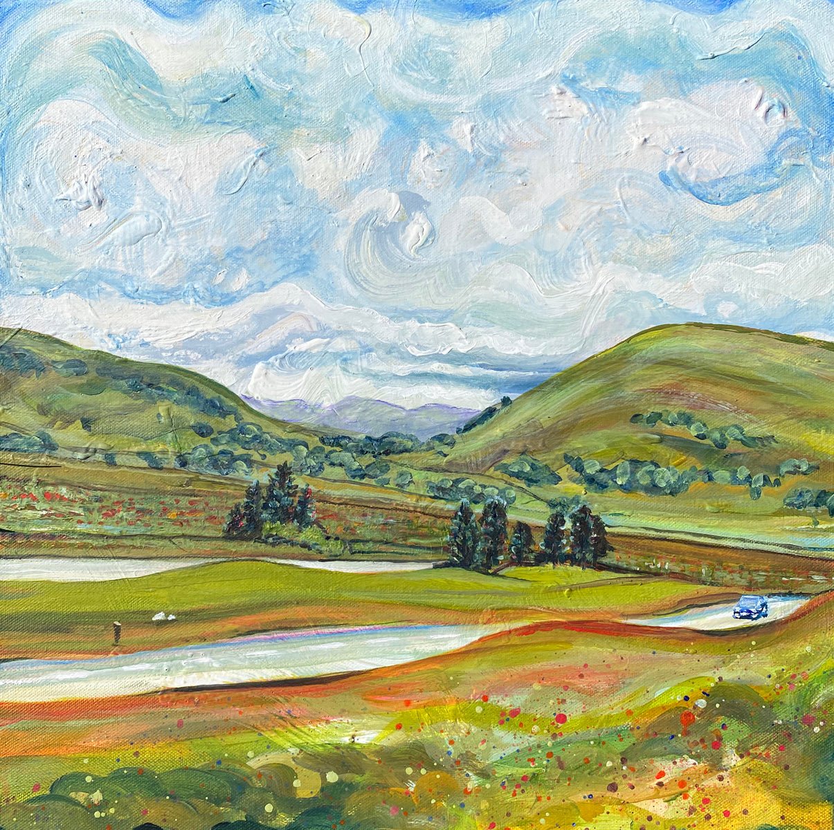 Contemporary Yorkshire Dales painting with splashes of paint, chalk, watercolour, and acrylic, with warm tones and movement.

