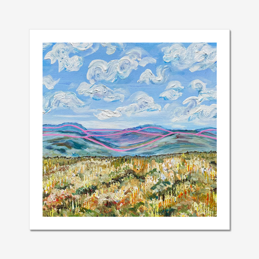 Signed limited edition print of Lovely Seat by Rebecca Carr, abstract Yorkshire Dales landscape with textured foreground and flowing lines over distant hills.

