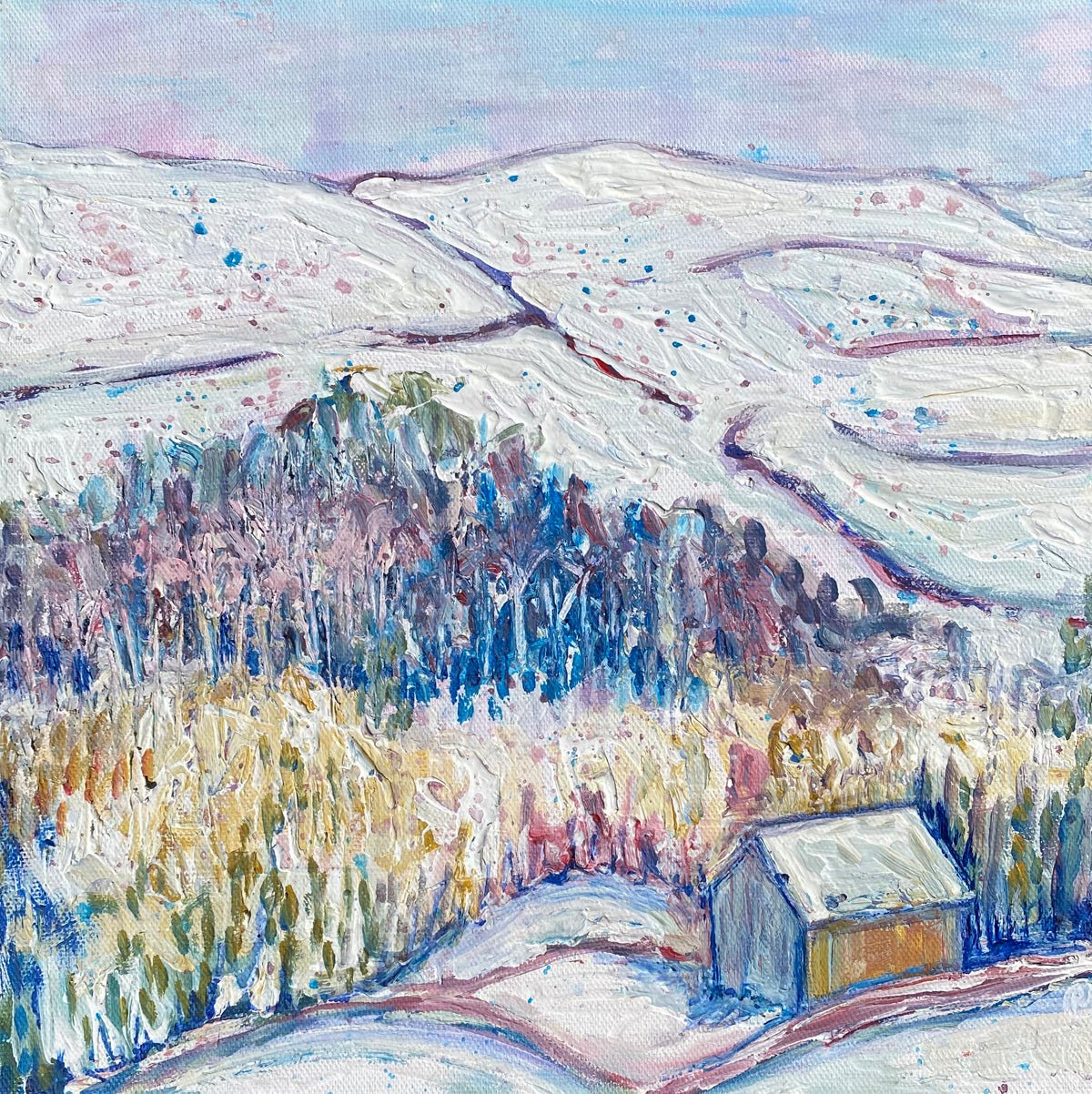 Winter landscape with snowy trees, vibrant crimson and blue watercolour, and textured chalk paint on 30 x 30 cm canvas.