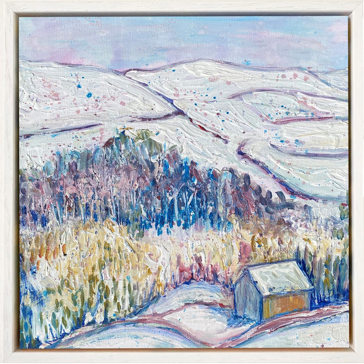 Winter landscape with snowy trees, vibrant crimson and blue watercolour, and textured chalk paint on 30 x 30 cm canvas.