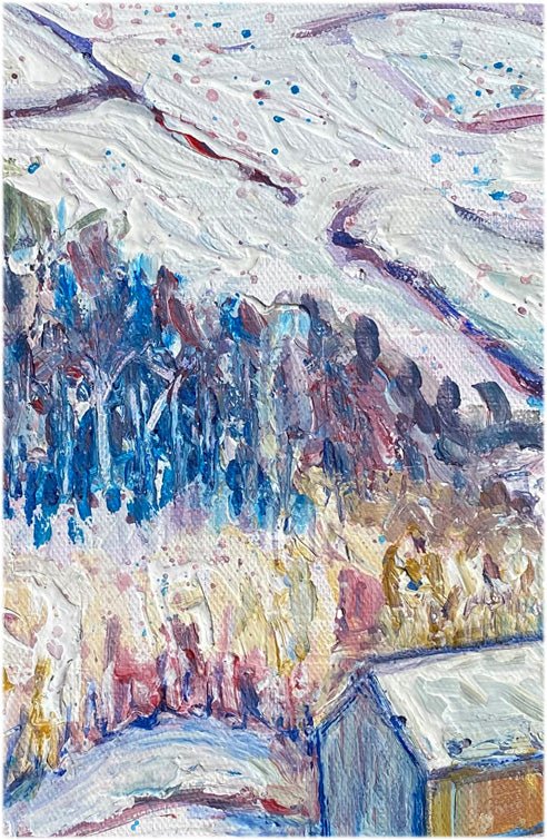 Winter landscape with snowy trees, vibrant crimson and blue watercolour, and textured chalk paint on 30 x 30 cm canvas rebecca carr