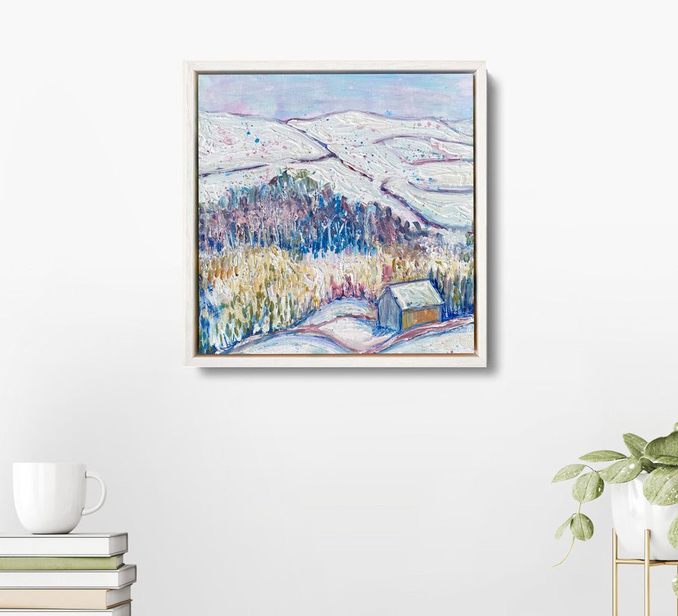 Winter landscape with snowy trees, vibrant crimson and blue watercolour, and textured chalk paint on 30 x 30 cm canvas rebecca carr