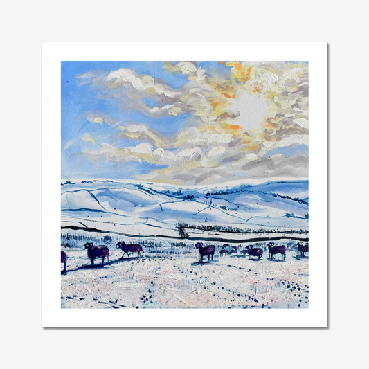Winter Sun and Sheep by Rebecca Carr – signed limited edition print showing sheep ambling through a sunlit winter Yorkshire Dales landscape with blue tones and colourful textured foreground.