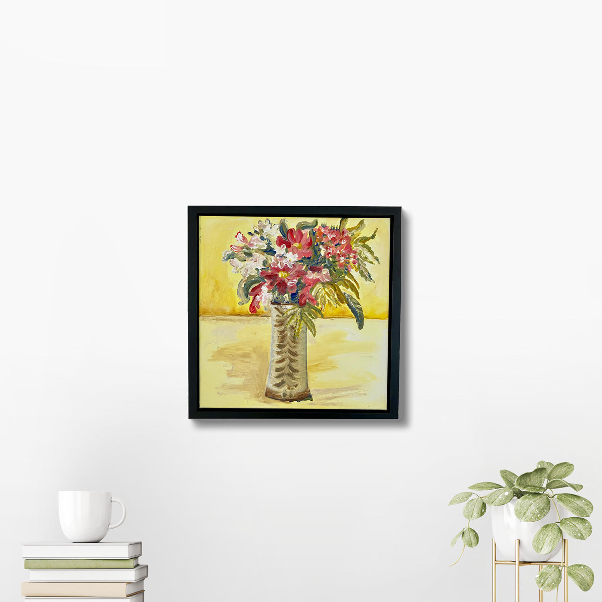 Fluffy and Free Flowers in studio pottery vase yellow background in frame - Rebecca Carr Artist