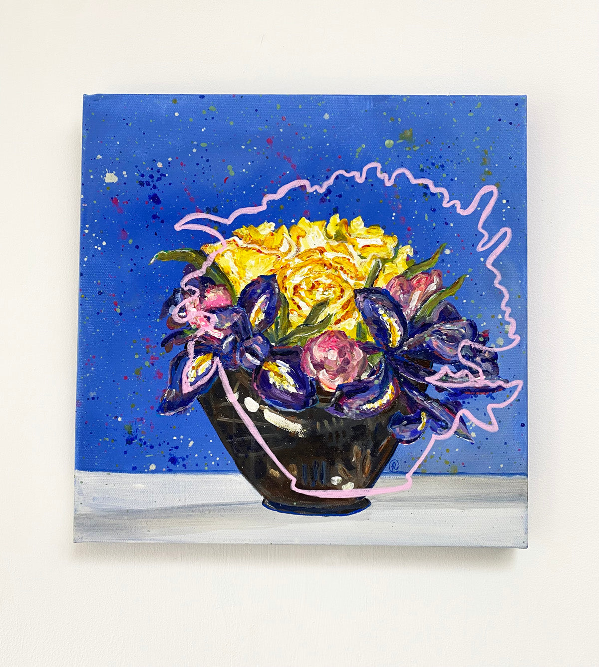 3 Yellow Roses Tulips, Irises & Splashes - Rebecca Carr Artist